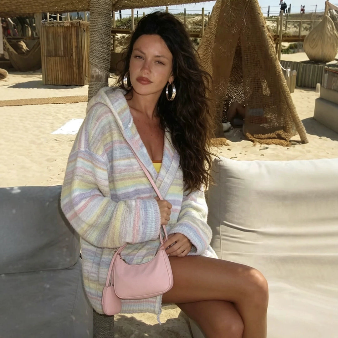 Damen Kuschelige Cropped-Kapuzenjacke mit Reißverschluss und Pastellstreifen Drune