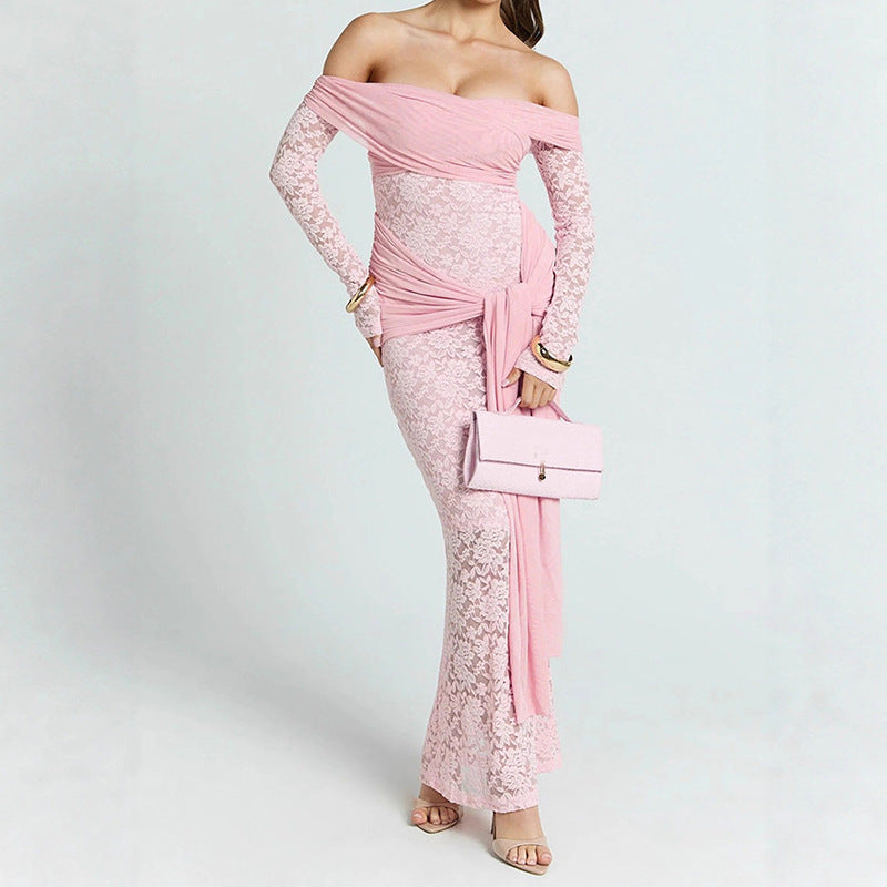 Damen Elegantes Spitzenkleid mit Off-Shoulder-Ausschnitt und Drapierungen Drune