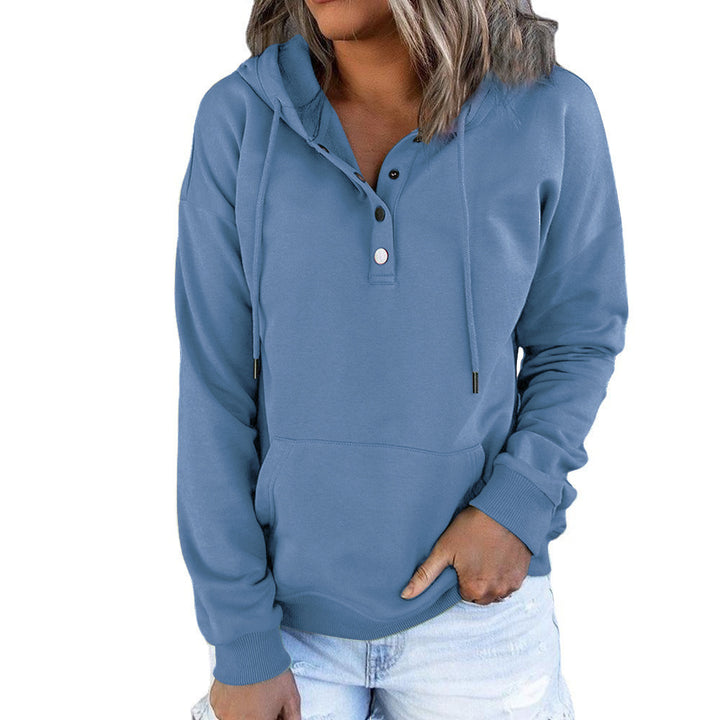 Damen Kapuzenpullover mit Henley-Knopfleiste, Kängurutasche und lockerer Passform Drune