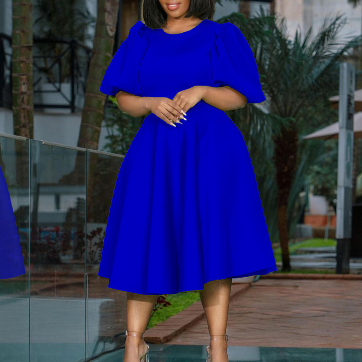 Damen Midikleid mit voluminösen Puffärmeln und schwingendem Rock Drune