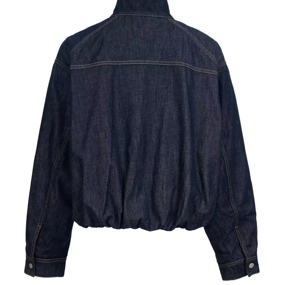 Damen Cropped Jeansjacke mit Stehkragen, Taillengürtel und elastischem Saum Drune