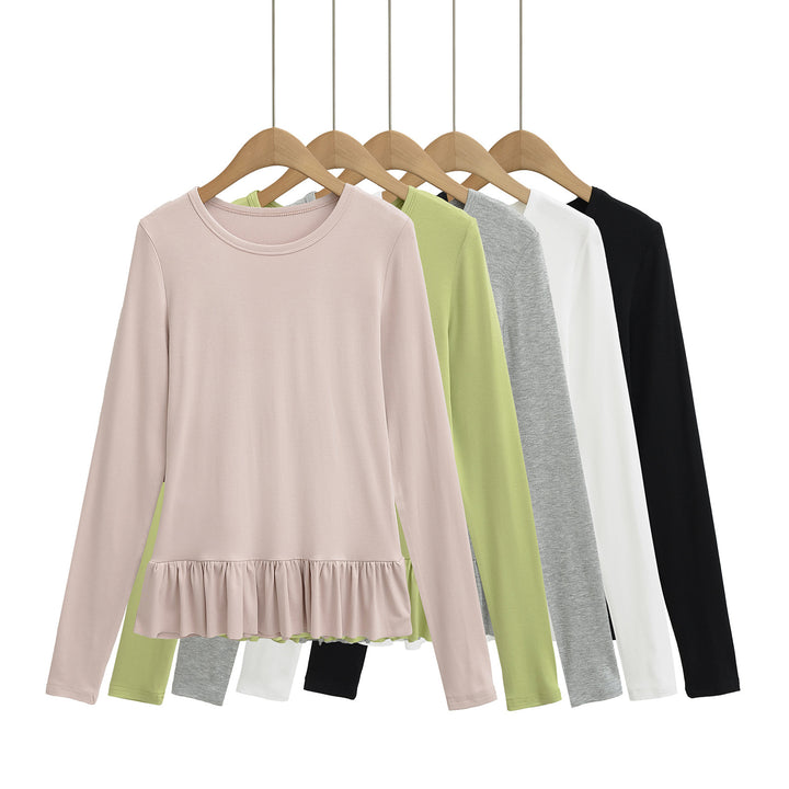 Damen Longsleeve Top mit Rüschensaum und Rundhalsausschnitt Drune
