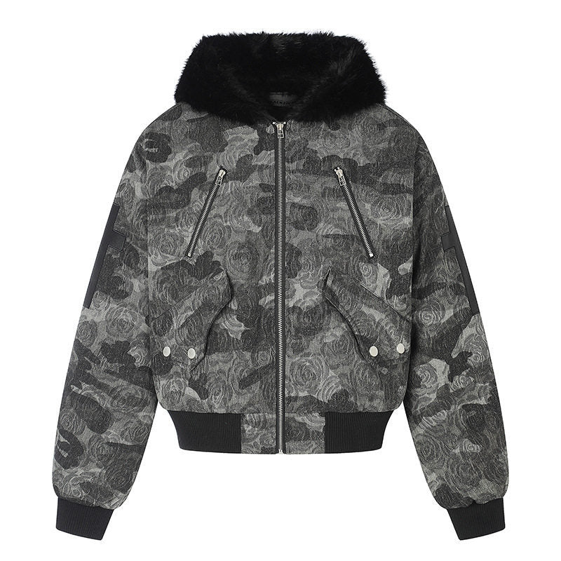Damen wattierte Bomberjacke mit Kunstfellkapuze, Rosen‑Jacquard und Zipper‑Details Drune
