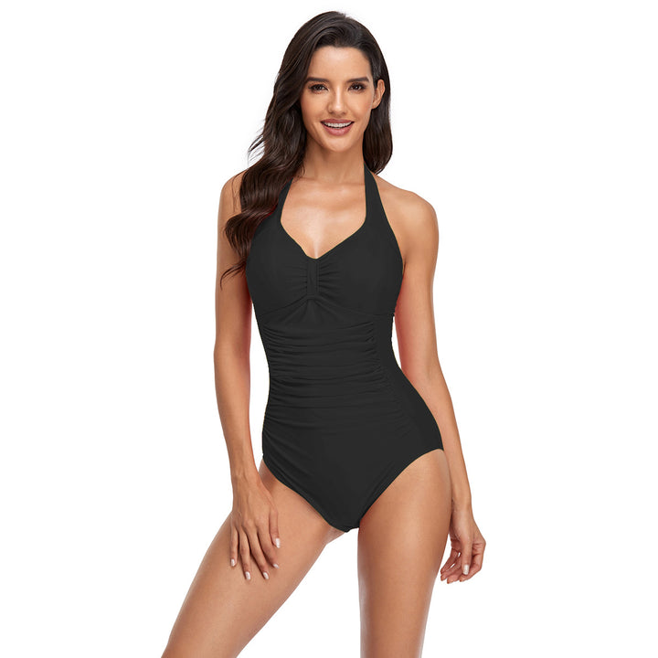 Damen eleganter einteiliger Badeanzug mit tiefem V-Ausschnitt und figurformenden Rüschen Drune