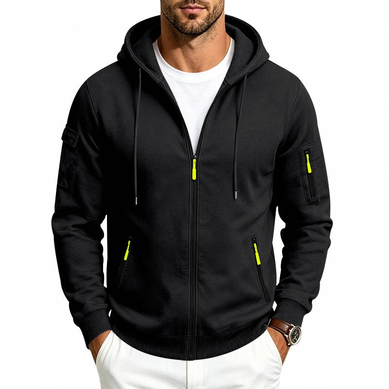 Herren Kapuzen-Reißverschlussjacke mit Ärmeltaschen, Kontrast-Zipper und Rippbündchen Drune