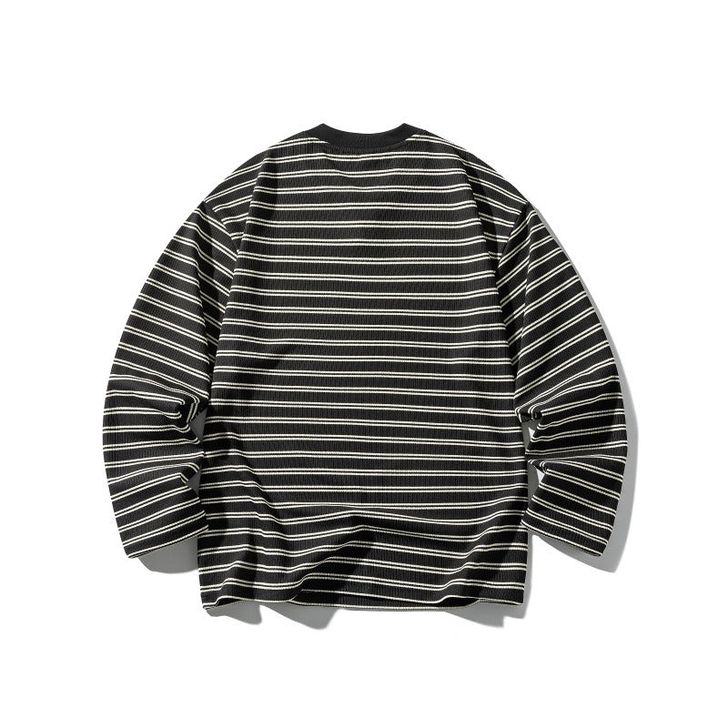 Unisex Gestreiftes Strukturiertes Longsleeve mit Notch-V-Ausschnitt und Rippenstruktur Drune