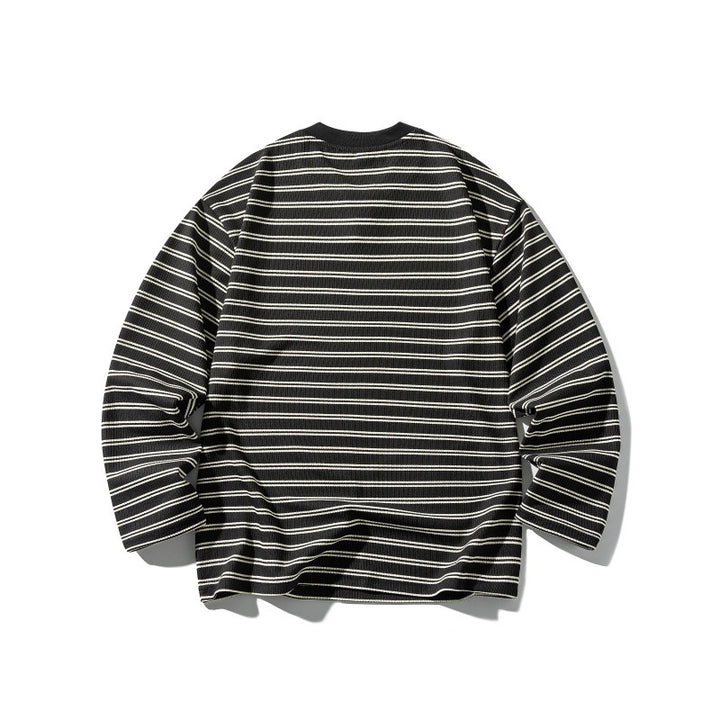 Unisex Gestreiftes Strukturiertes Longsleeve mit Notch-V-Ausschnitt und Rippenstruktur Drune
