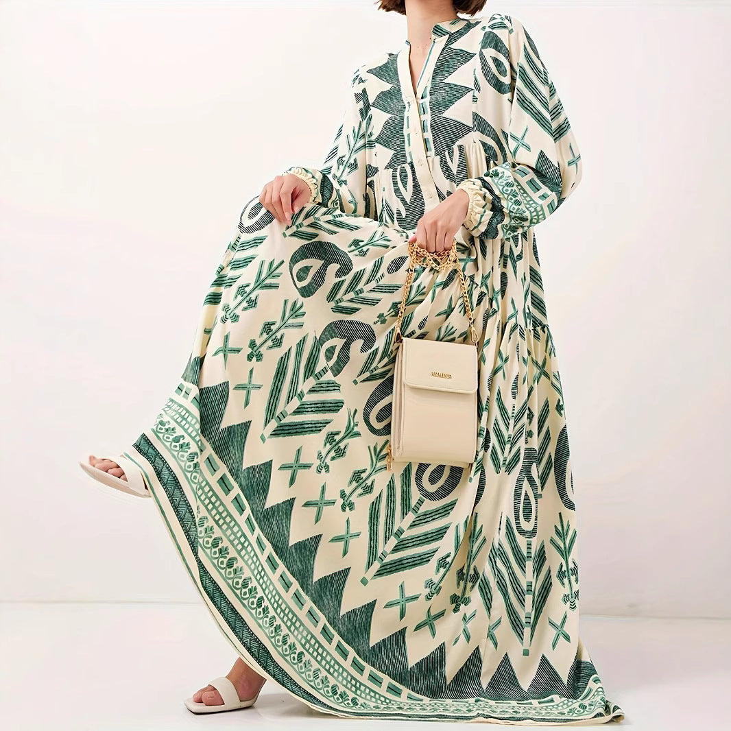 Damen Maxikleid mit kunstvollem geometrischen Muster und Knopfdetails Drune