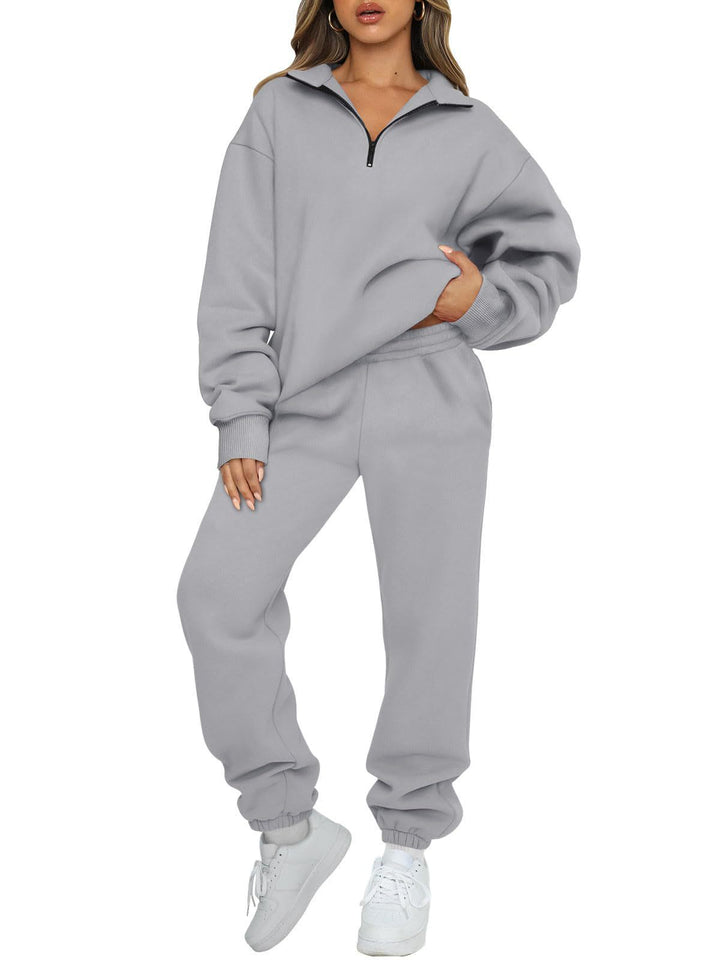 Damen nan Halbzip-Loungewear-Set mit übergroßem Kragenpullover und taillierter Jogginghose mit elastischem Bund Drune