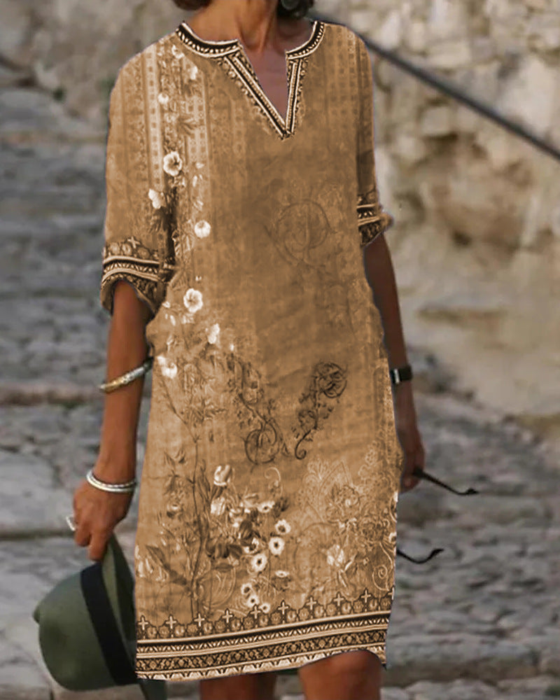 Damen Midi-Kleid im Boho-Leinen-Look mit V-Ausschnitt und Dreiviertelärmeln Drune