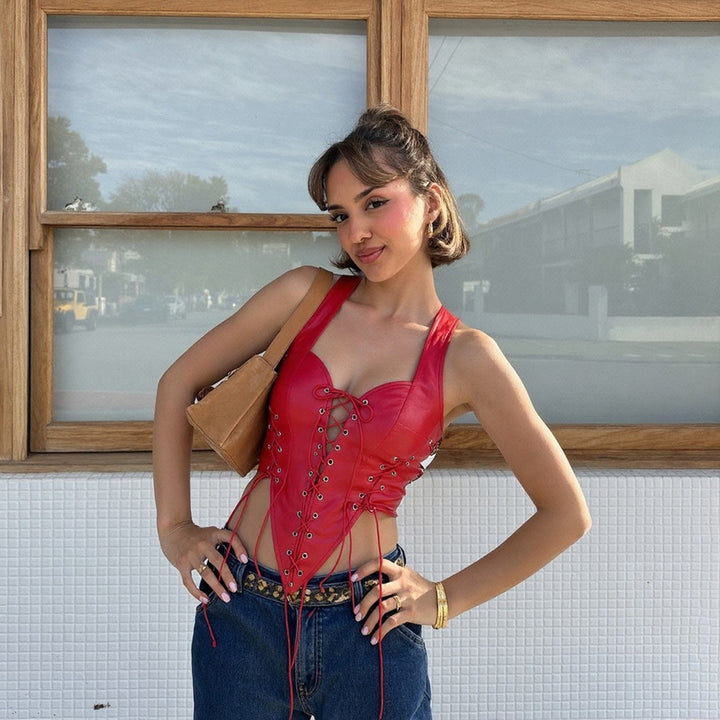Damen Leder-Corset-Top mit Schnürung und asymmetrischem Schnitt Drune
