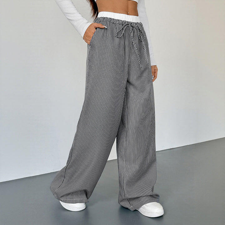 Damen Weite Streifen-Hose im Palazzo-Stil mit Smok-Taillenbund und Kordelzug Drune