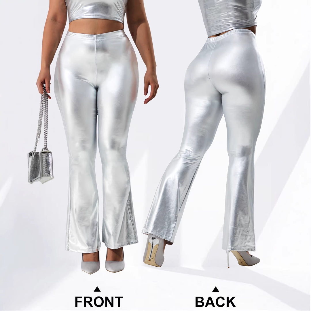 Damen Glänzende High-Waist Schlaghose mit Metallic-Finish Drune