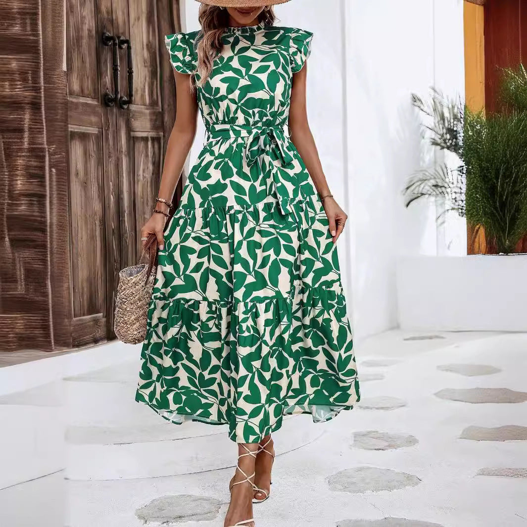 Damen Midikleid mit Stufenrock, geraffter Taillenbindung und Rüschenärmeln Drune