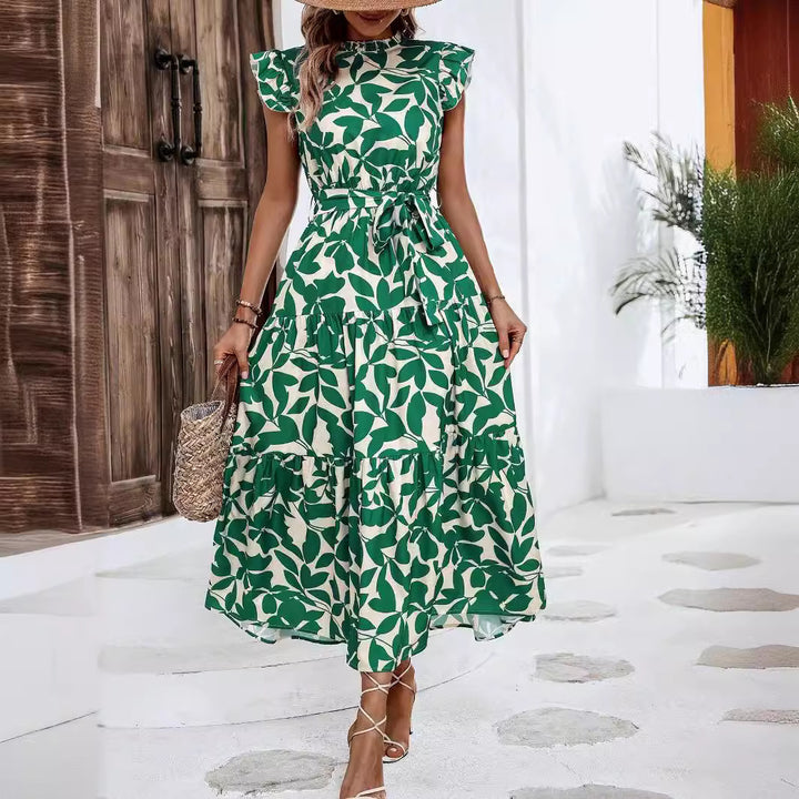 Damen Midikleid mit Stufenrock, geraffter Taillenbindung und Rüschenärmeln Drune
