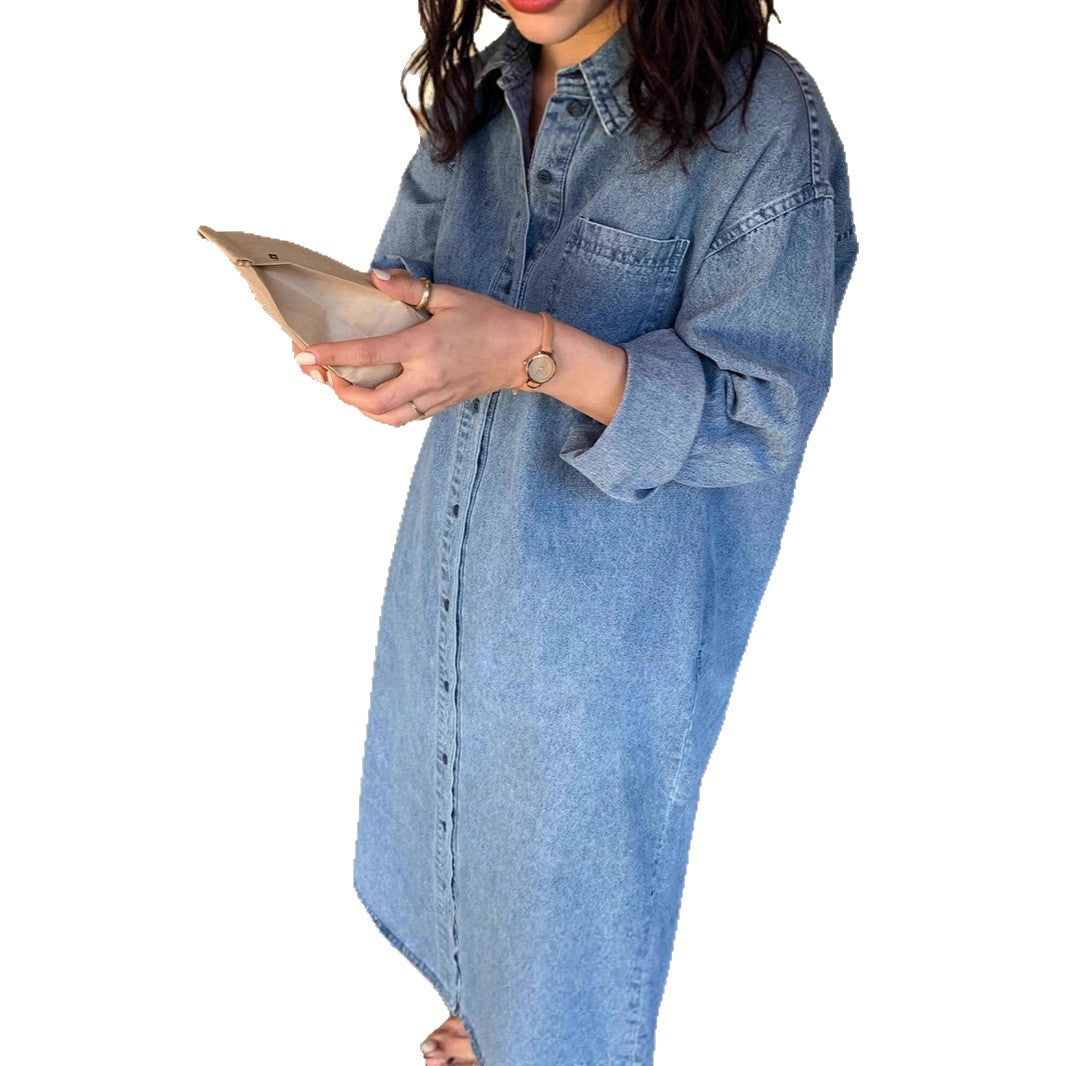 Damen Langes Oversize-Denim-Hemdblusenkleid im washed-Look mit Brusttasche und umgeschlagenen Ärmeln Drune