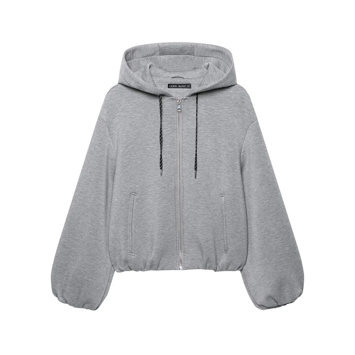 Damen Cropped Kapuzenjacke mit Reißverschluss, Ballonärmeln und elastischem Saum Drune