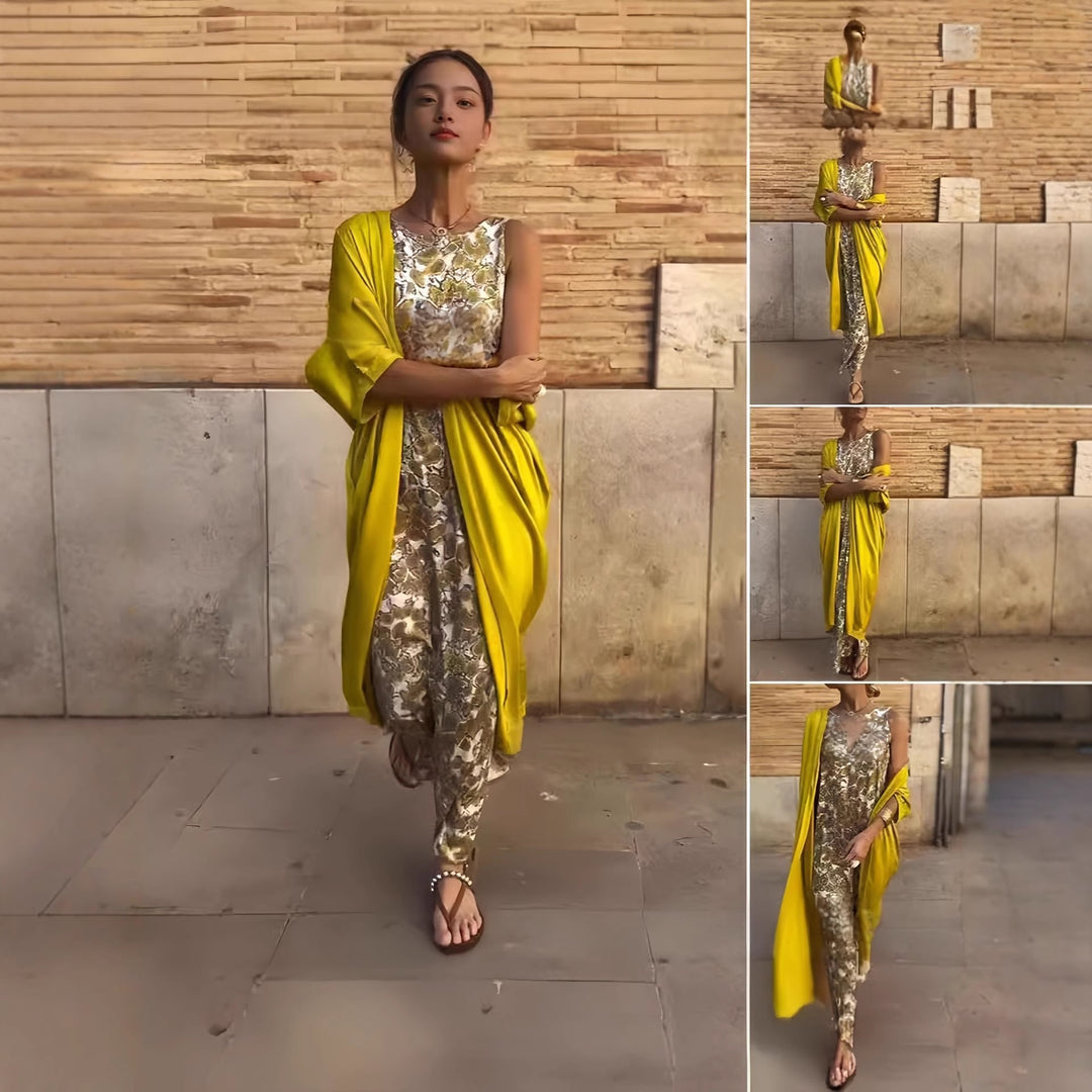 Damen Lange Wickel-Kaftankleid mit ärmellosem Unterkleid und fließendem Overshirt Drune