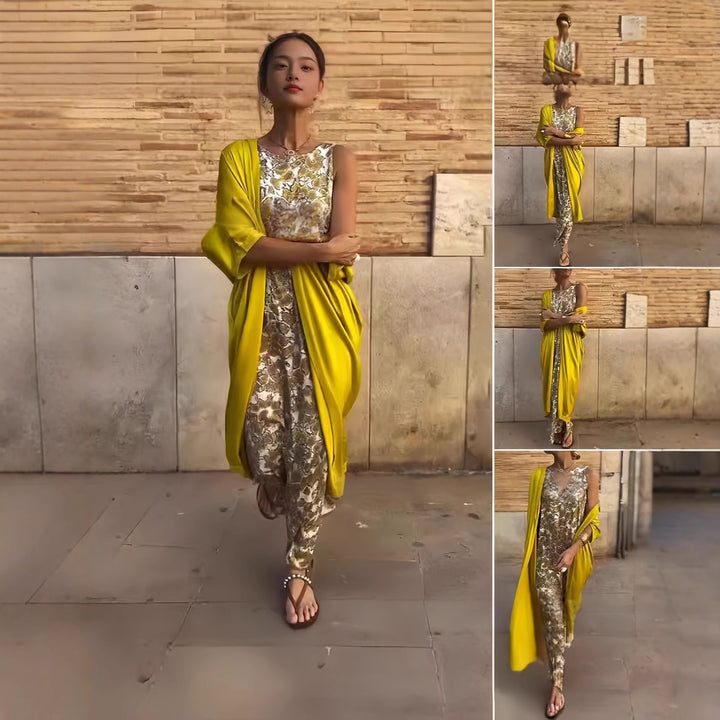 Damen Lange Wickel-Kaftankleid mit ärmellosem Unterkleid und fließendem Overshirt Drune