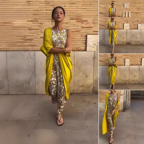 Damen Lange Wickel-Kaftankleid mit ärmellosem Unterkleid und fließendem Overshirt Drune