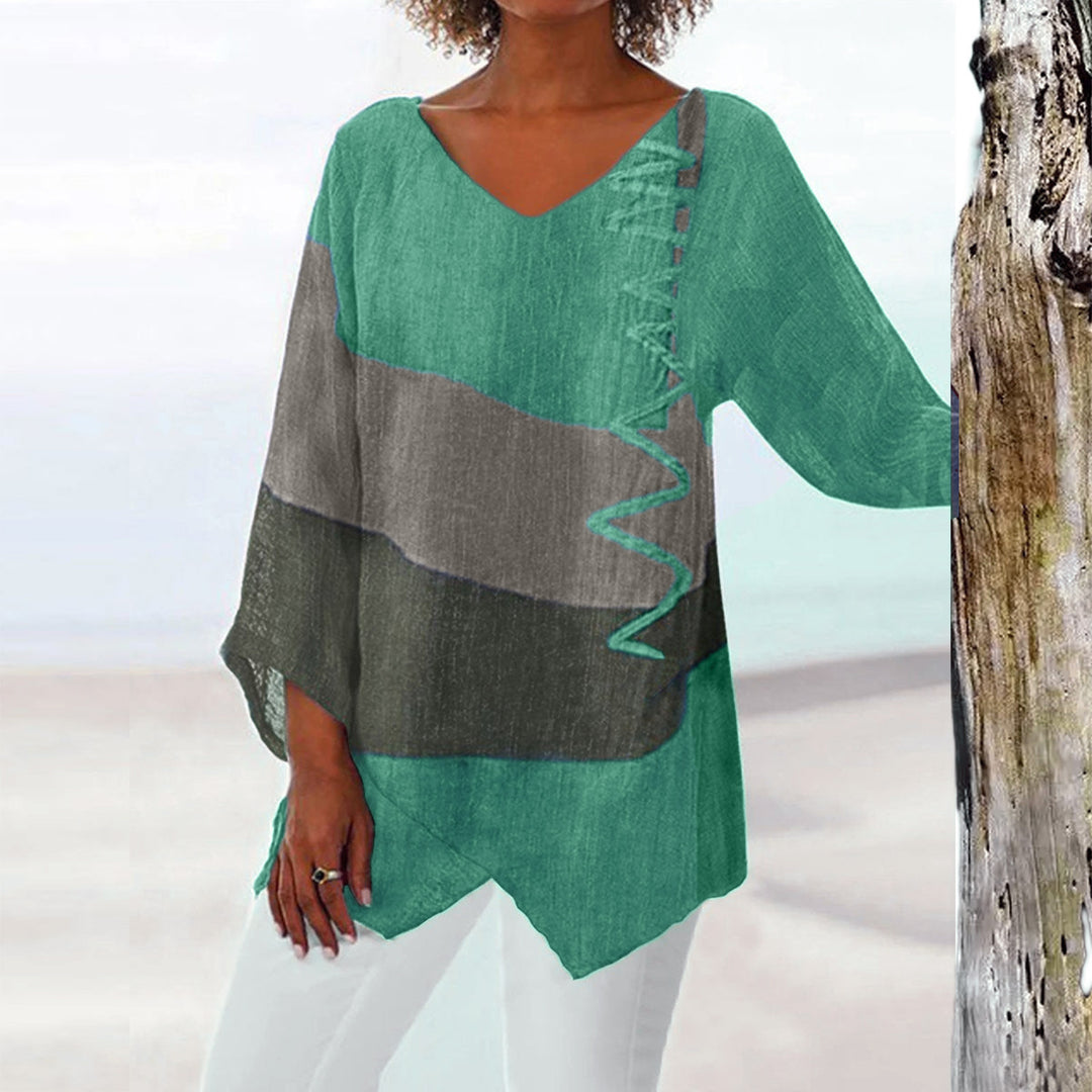Frauen Casual A-Linien Leinenlook Tunika mit Farbblockstreifen und V-Ausschnitt Drune