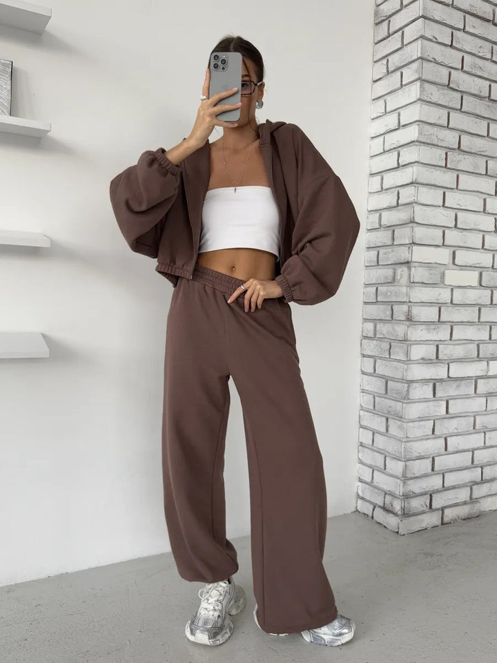 Damen Lounge-Set Cropped-Zip-Hoodie mit Oversize-Ärmeln und High-Waist Palazzo-Jogger Drune