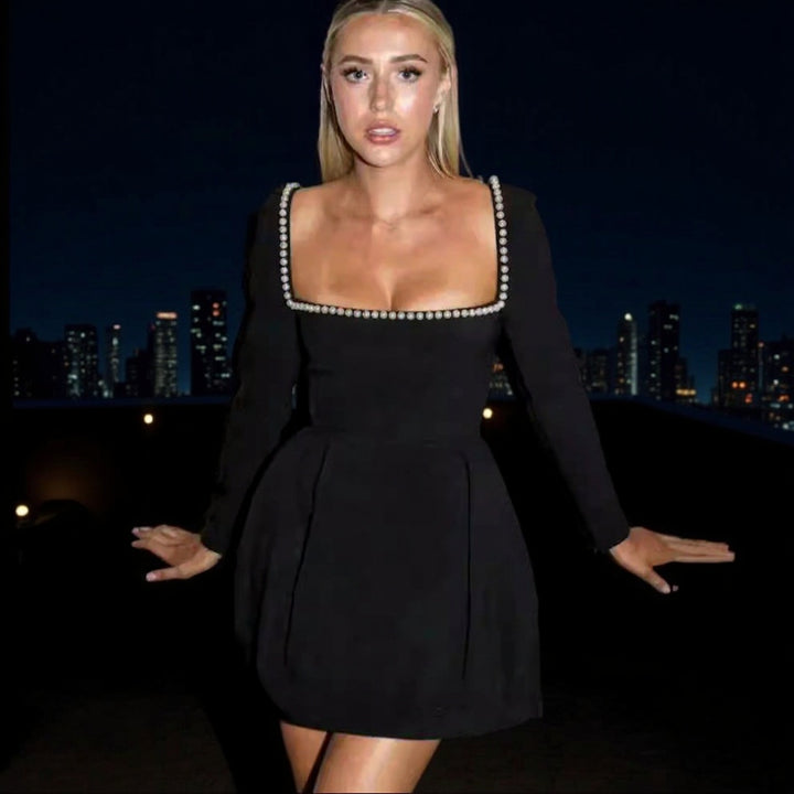 Damen Figurbetontes A‑Linien‑Minikleid mit quadratischem Ausschnitt, langen Ärmeln und Perlenbesatz Drune