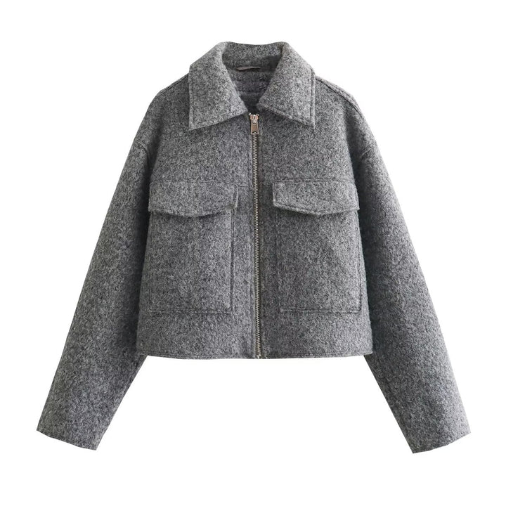 Damen Kurze Wolloptik-Boxyjacke mit Reißverschluss und aufgesetzten Pattentaschen Drune