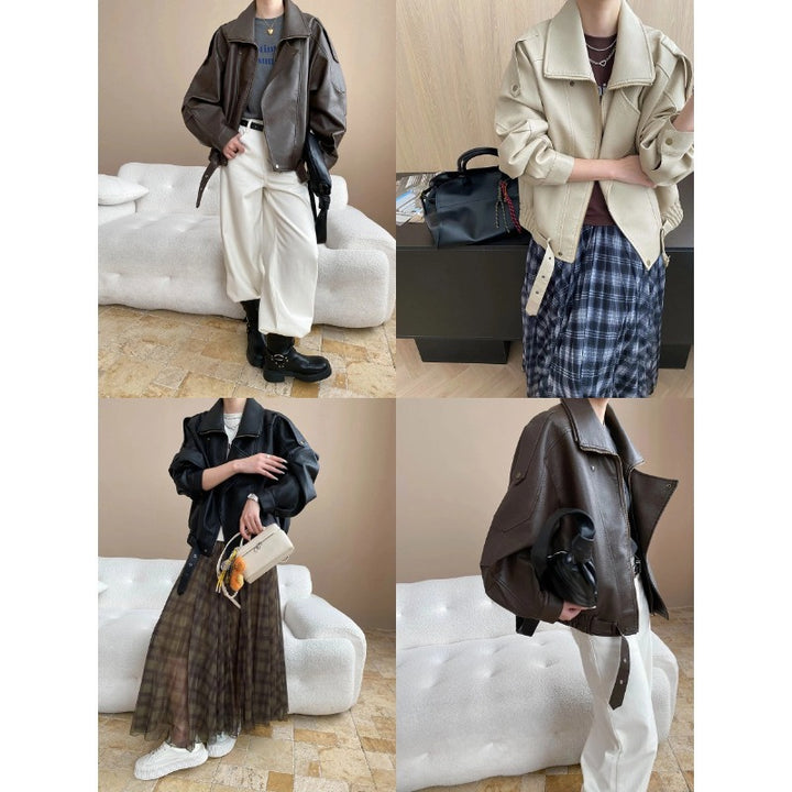 Damen lässige Kunstlederjacke im modernen Oversized-Stil mit dekorativen Knopfdetails Drune