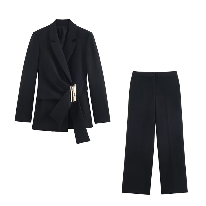 Damen Zweiteiliges Wickelblazer- und Palazzo-Anzugset mit Ziergürtel Drune