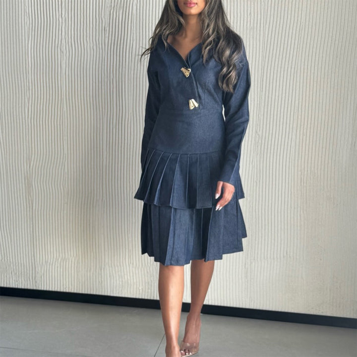 Damen Hemdblusenkleid mit Plissee-Saum und modischen Knopfdetails Drune