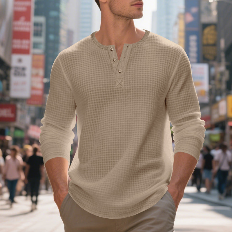 Herren nan thermoregulierendes Waffel-Thermalshirt mit Kurzknopfleiste und gerundetem Saum Drune