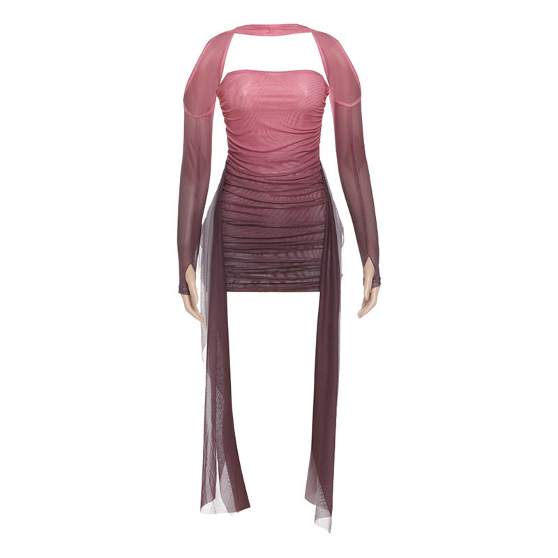 Damen Elegantes Langarmkleid mit raffiniertem Drapierungsdesign und transparenten Elementen Drune