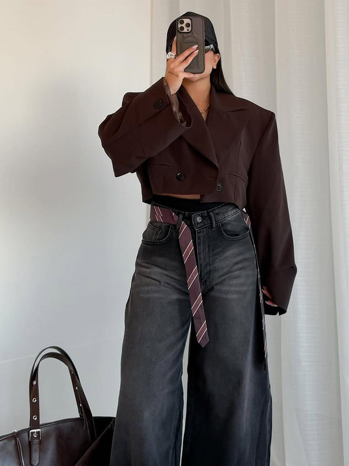 Damen Cropped-Boxy Kurzblazer mit kastiger Silhouette und überlangen Ärmeln Drune
