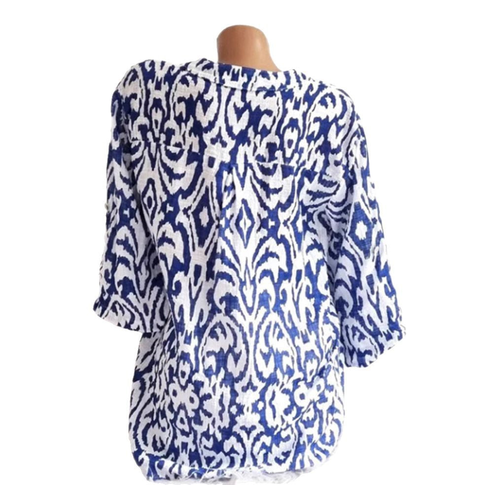 Damen nan locker geschnittene Tunika-Bluse mit Ikat‑Muster, V‑Ausschnitt und Dreiviertelärmeln Drune
