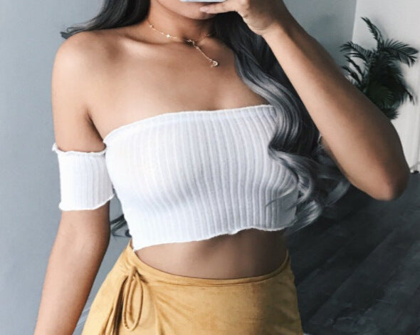 Damen Off-Shoulder Crop-Top aus Rippenstrick Drune