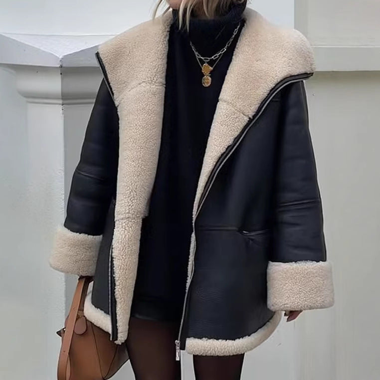 Damen angesagte Kunstlederjacke mit kuscheligem Innenfutter Drune