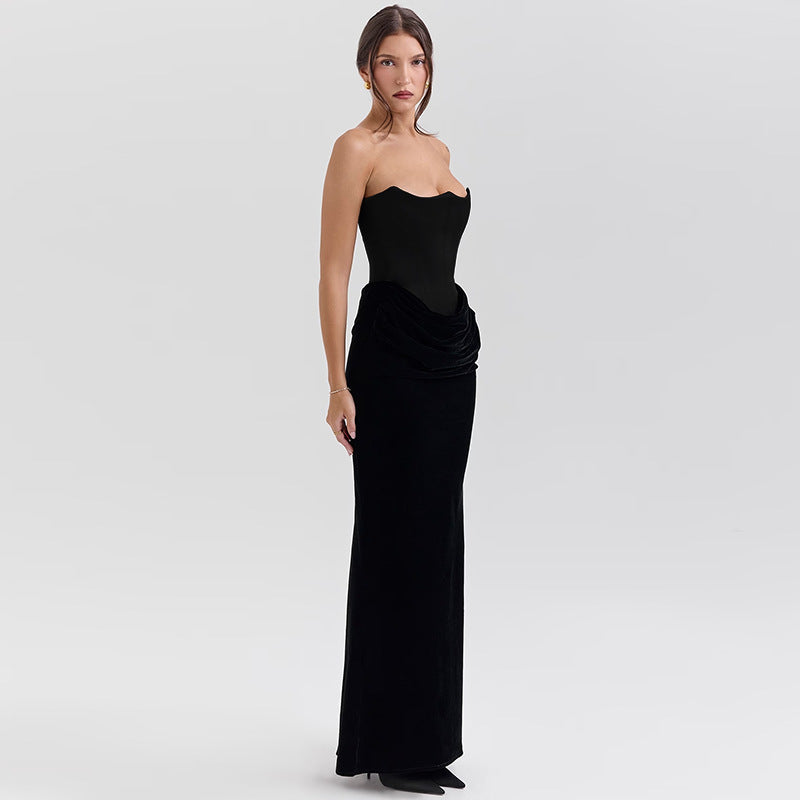Damen elegantes A-Linien-Maxikleid mit gerafftem Oberteil und trägerlosem Design Drune