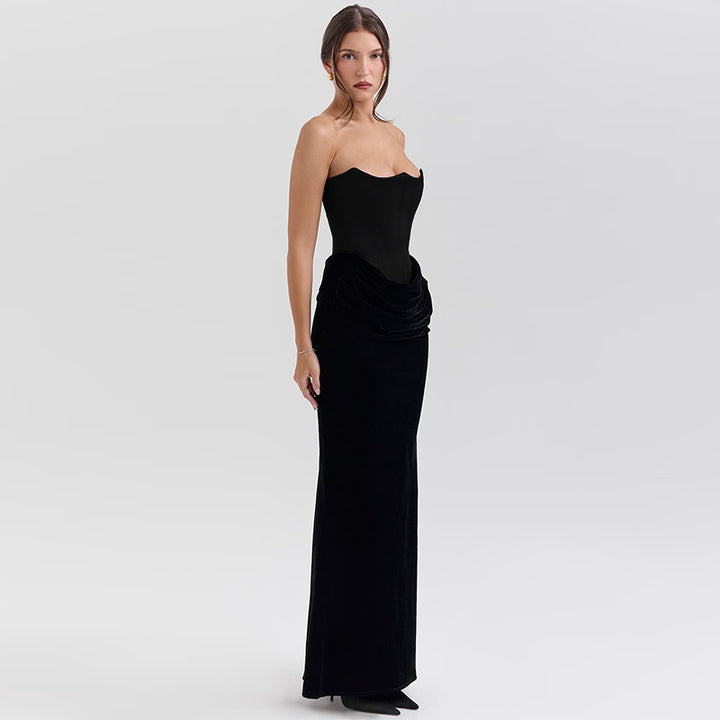 Damen elegantes A-Linien-Maxikleid mit gerafftem Oberteil und trägerlosem Design Drune