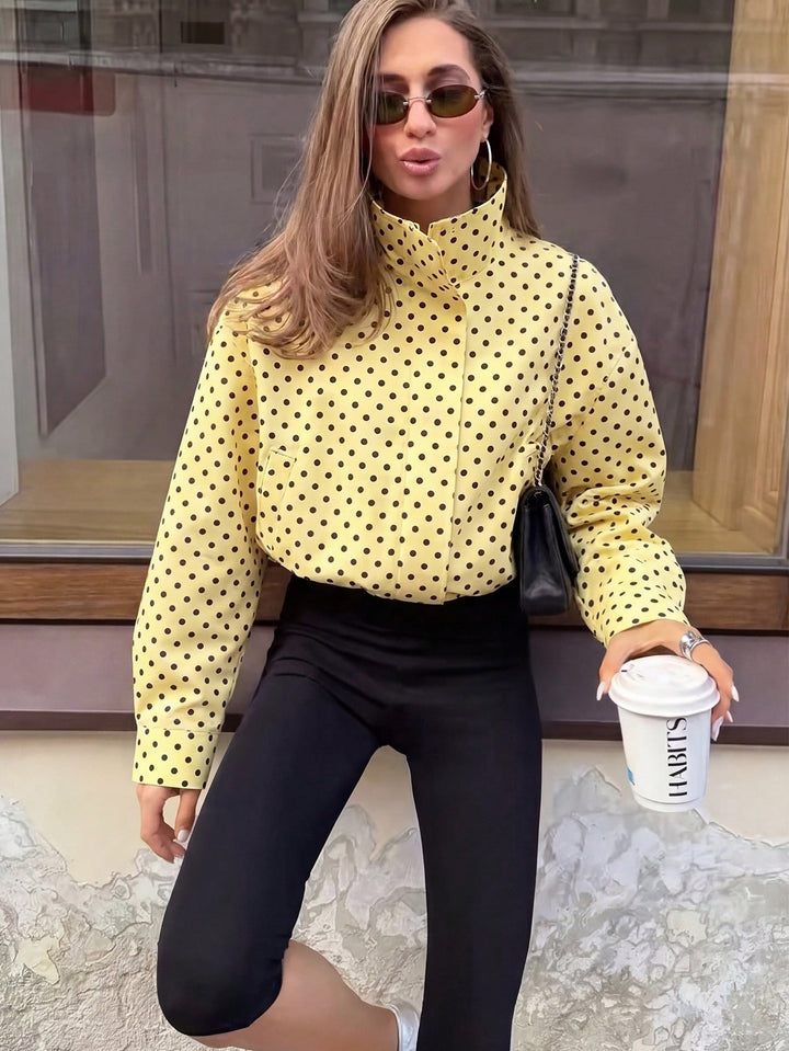 Damen Polka‑Dot Stehkragen‑Bluse mit oversized Ballonärmeln Drune