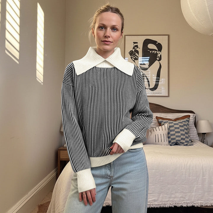 Damen Pullover mit modischem Streifenmuster und elegantem Kragen Drune