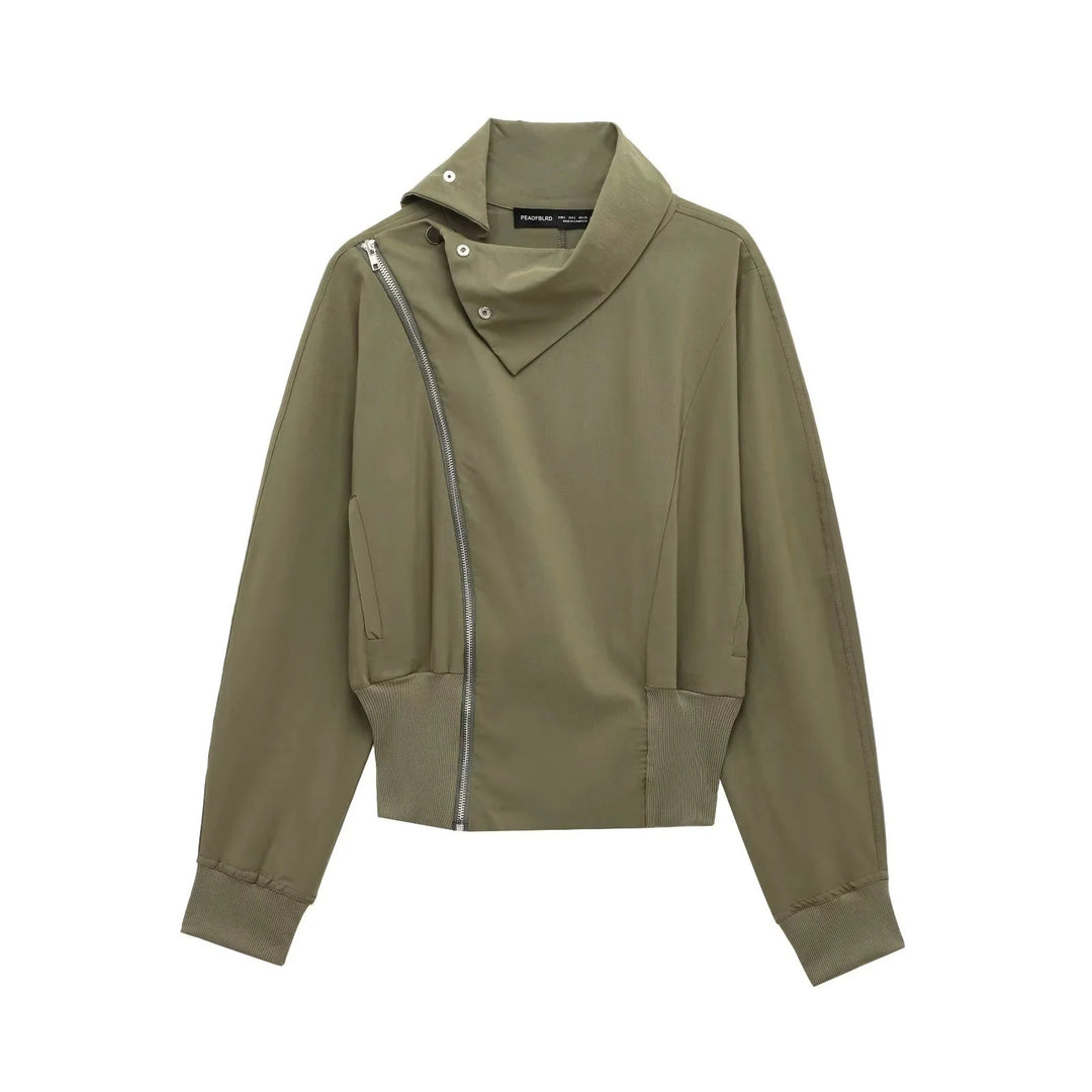 Damen 50+ asymmetrische Utility‑Bomberjacke mit Funnelkragen und breitem Rippenbund Drune