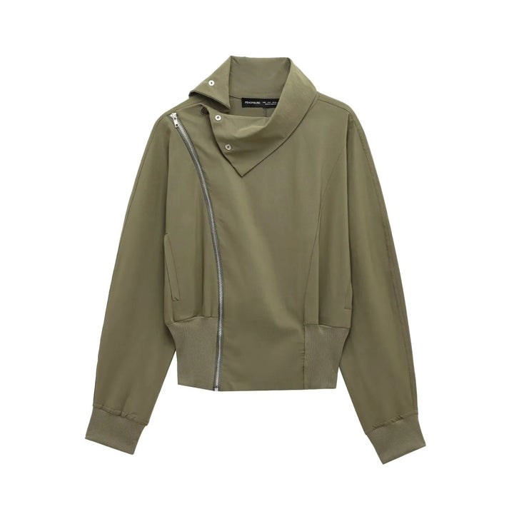 Damen 50+ asymmetrische Utility‑Bomberjacke mit Funnelkragen und breitem Rippenbund Drune