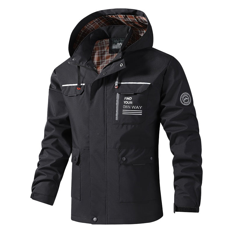 Herren Atmungsaktive wasserabweisende Kapuzen-Outdoorjacke mit kariertem Innenfutter, Multifunktions-Taschen & verstellbarer Kapuze Drune