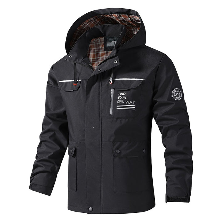 Herren Atmungsaktive wasserabweisende Kapuzen-Outdoorjacke mit kariertem Innenfutter, Multifunktions-Taschen & verstellbarer Kapuze Drune