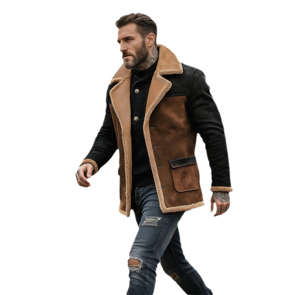 Herren Langer Kunstlammfell-Mantel mit Schalkragen, Kontrastärmeln und Pattentaschen Drune