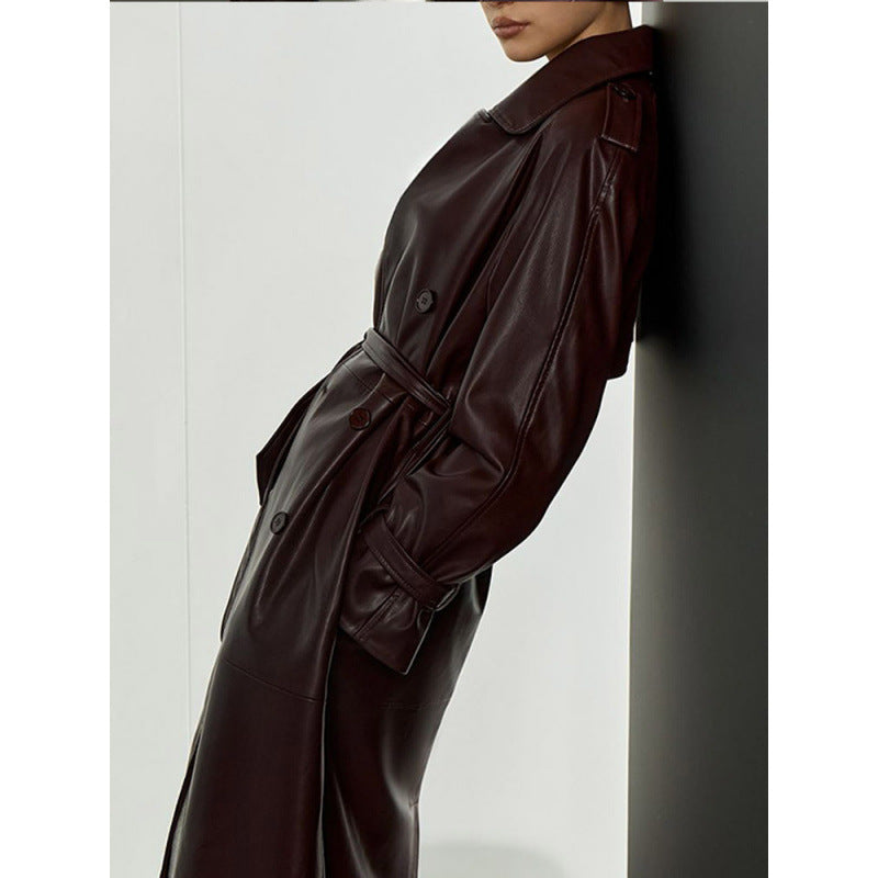 Damen modischer Kunstleder-Trenchcoat mit Gürtel und praktischen Taschen Drune
