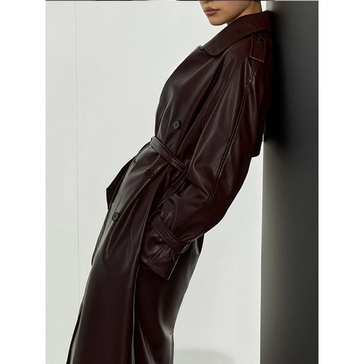 Damen modischer Kunstleder-Trenchcoat mit Gürtel und praktischen Taschen Drune