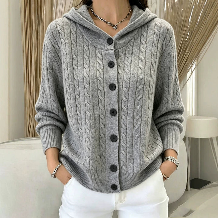 Damen Kapuzen-Cardigan mit Zopfmuster und durchgehender Knopfleiste Drune