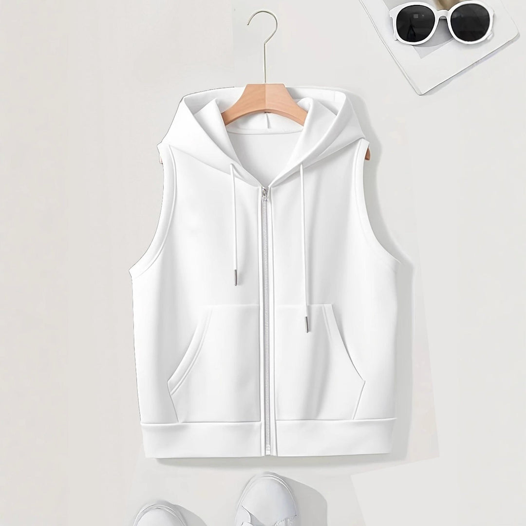 Damen Ärmellose Zip‑Hoodie‑Weste aus weichem Sweat mit Kängurutaschen Drune